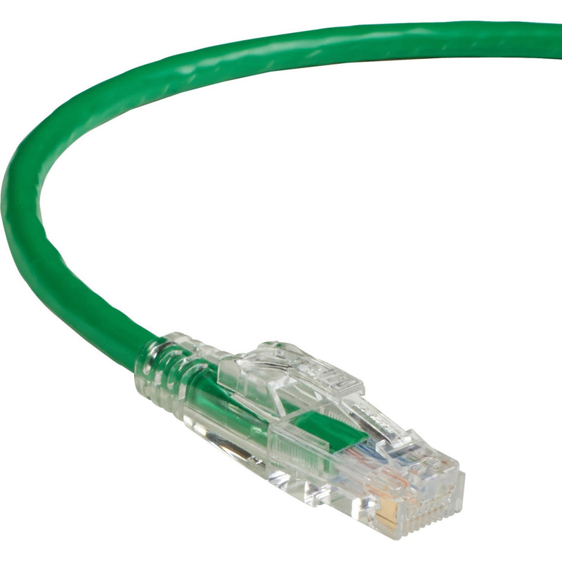 Close-up view of GigaTrue 3 Cat.6 cable's gold-plated RJ-45 connector with transparent housing and green jacket