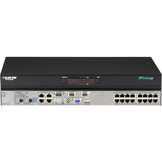 Black Box ServSwitch CX KVM switch front and rear view showing multiple network ports, USB, PS/2, and VGA connections in a 1U rack-mount form factor