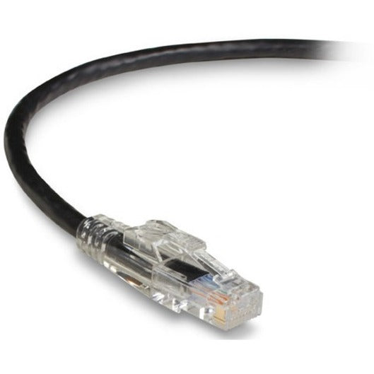 Close-up view of GigaTrue 3 Cat6 cable's gold-plated RJ-45 connector with transparent housing and black snagless boot