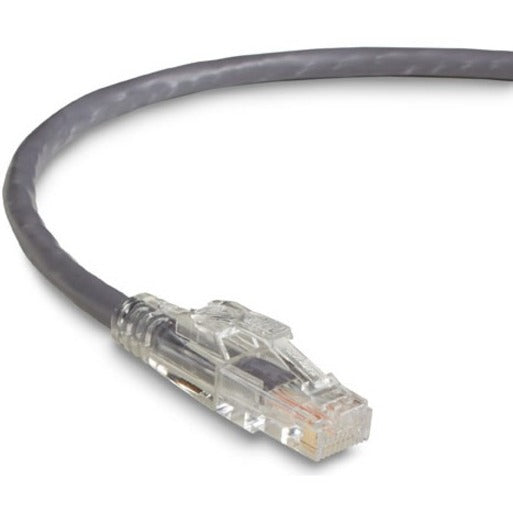 Close-up view of GigaTrue 3 Cat6 cable's gold-plated RJ-45 connector with transparent housing and gray cable jacket