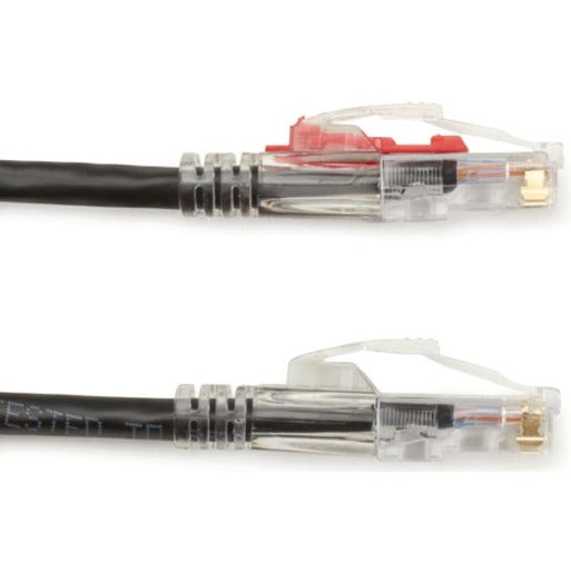 Detailed view of GigaTrue 3 Cat.6 cable connectors highlighting the red security locking pin system