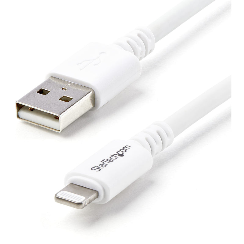 Close-up view of StarTech.com white Lightning to USB cable connectors showing USB-A and Lightning ends