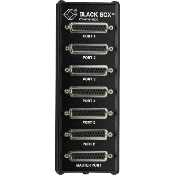 Angled view of Black Box TL074A-R4 Modem Splitter displaying seven DB25 ports and Black Box branding