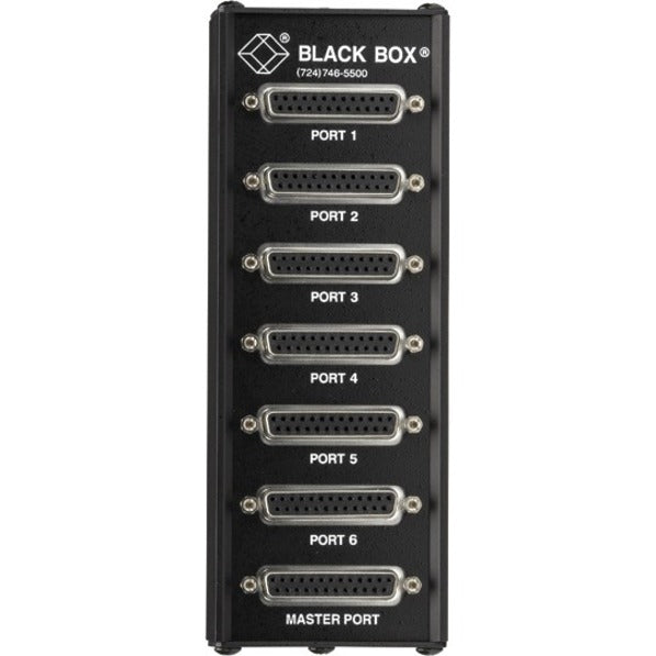 Front view of Black Box TL074A-R4 Modem Splitter showing seven DB25 ports arranged vertically with clear port labeling