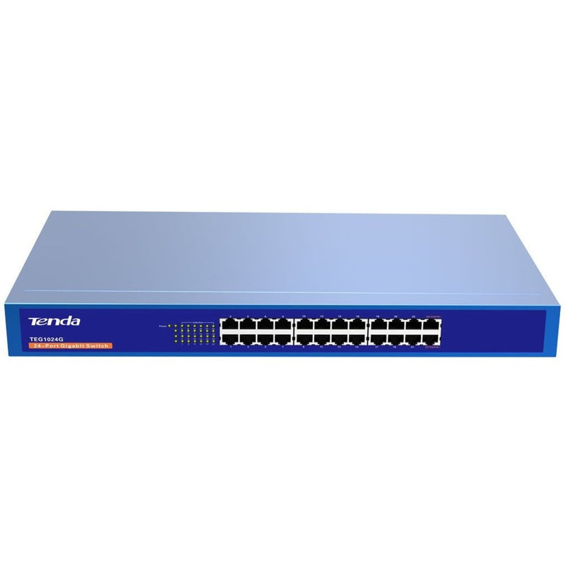 Front view of Tenda TEG1024G 24-port gigabit ethernet switch showing all network ports and status LEDs