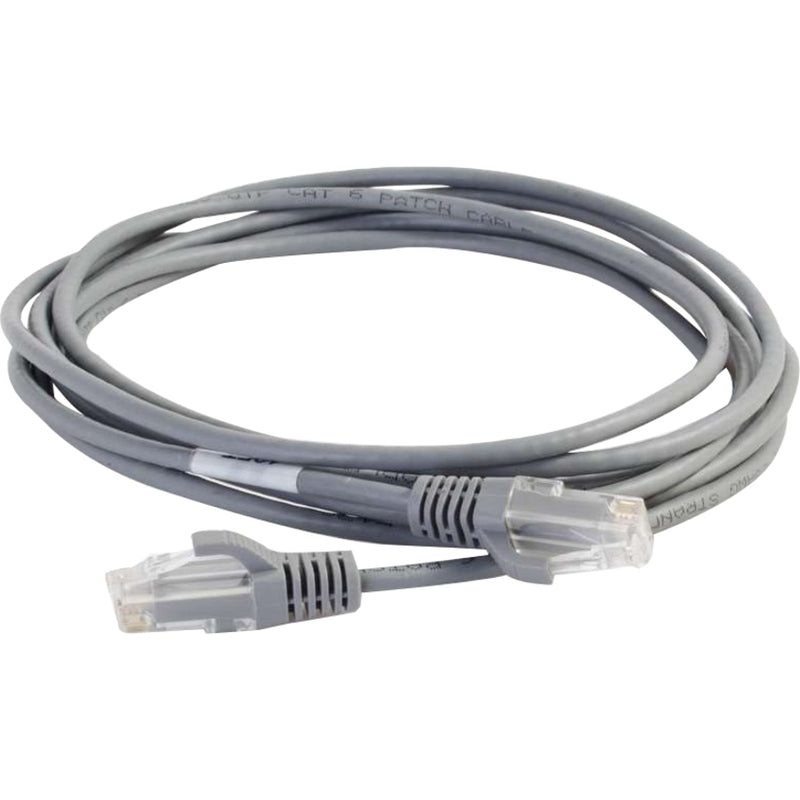 Gray slim Cat6 ethernet patch cable with snagless connectors, coiled to show flexible design and reduced diameter