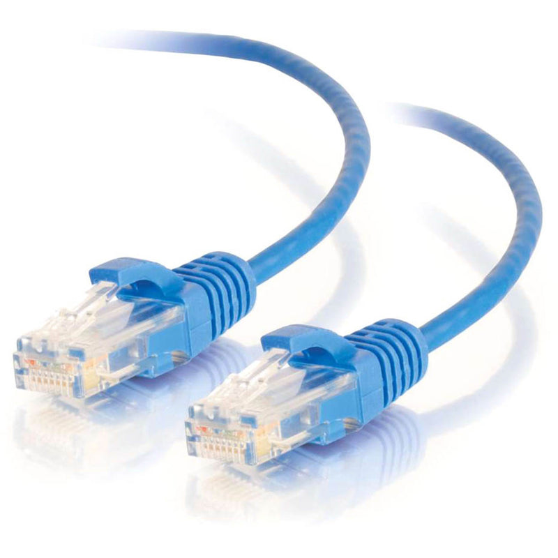 Blue Cat6 slim ethernet patch cable with clear RJ-45 connectors and snagless boots