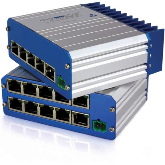 Veracity VCS-4P1-MOB PoE switch with blue heatsinks and aluminum casing, showing multiple Ethernet ports and stacked configuration