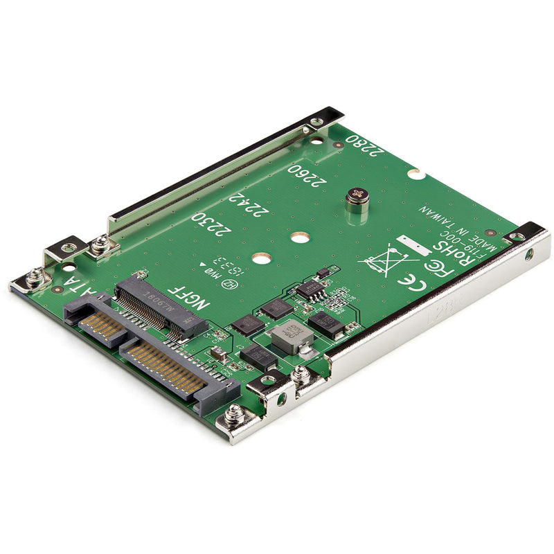 Top view of StarTech.com M.2 NGFF to SATA adapter showing green PCB with SATA connector and mounting frame