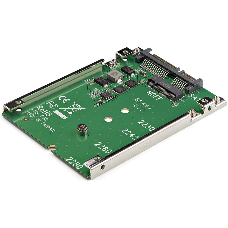 Angled view of M.2 SATA adapter showing multiple drive length support markings and mounting positions