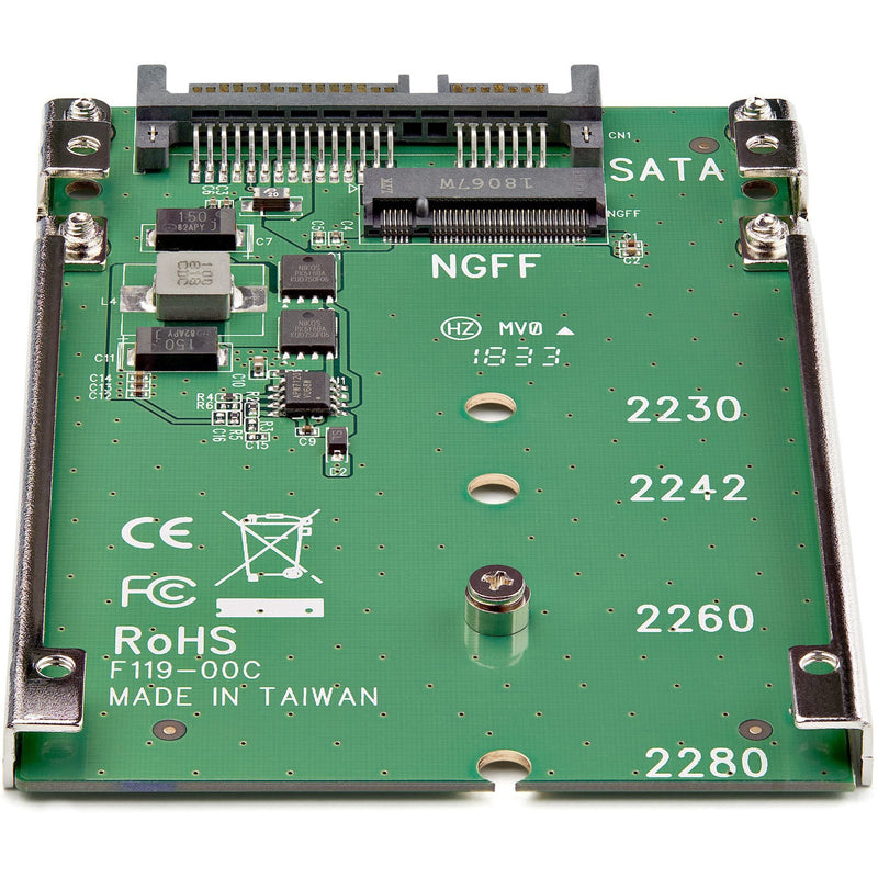 Close-up view of M.2 SATA adapter showing component layout, regulatory markings, and NGFF interface