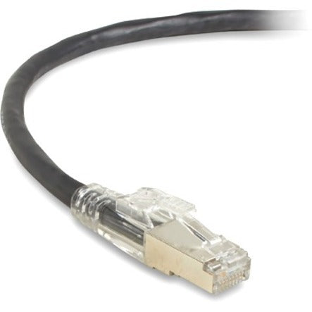 Close-up view of GigaTrue 3 CAT6A cable's RJ-45 connector with transparent housing and black cable jacket