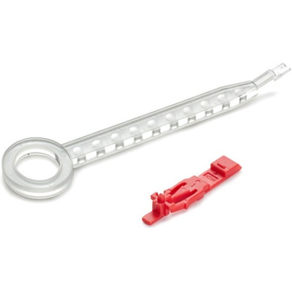 LockPORT removal tool and red locking pin for secure network port access