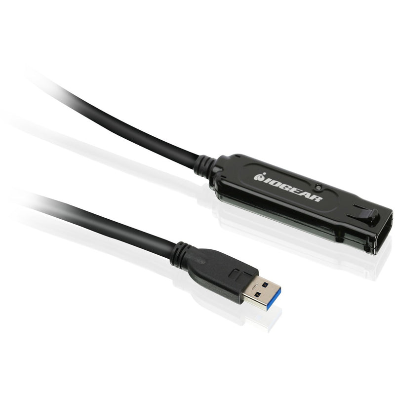 IOGEAR USB 3.0 BoostLinq extension cable showing male USB connector and signal booster unit with female port