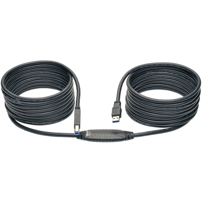 Full-length view of 25-foot USB 3.0 cable with active repeater module and coiled design