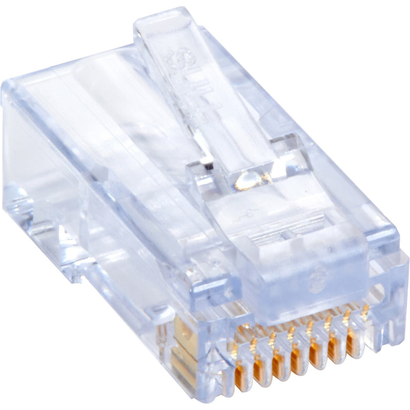 Clear RJ45 connector showing gold-plated contacts and through-wire design for CAT6 cable termination