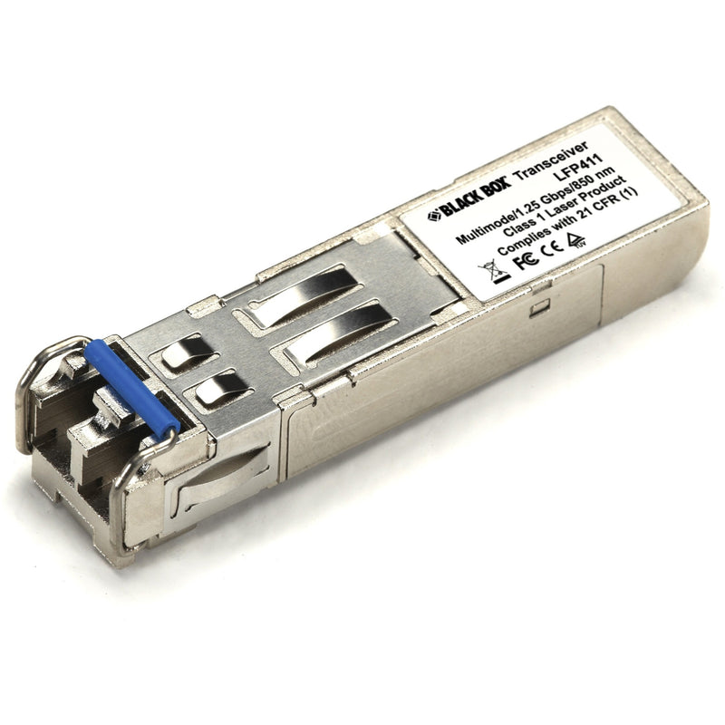 Black Box LFP411 SFP transceiver module with LC connector and metallic housing showing product label