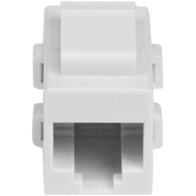 Top view of white Cat6 RJ45 keystone coupler showing compact design