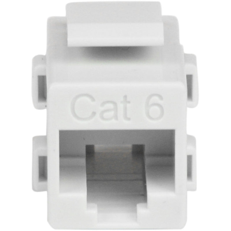 Front view of white Cat6 RJ45 keystone coupler showing connector port and Cat6 labeling