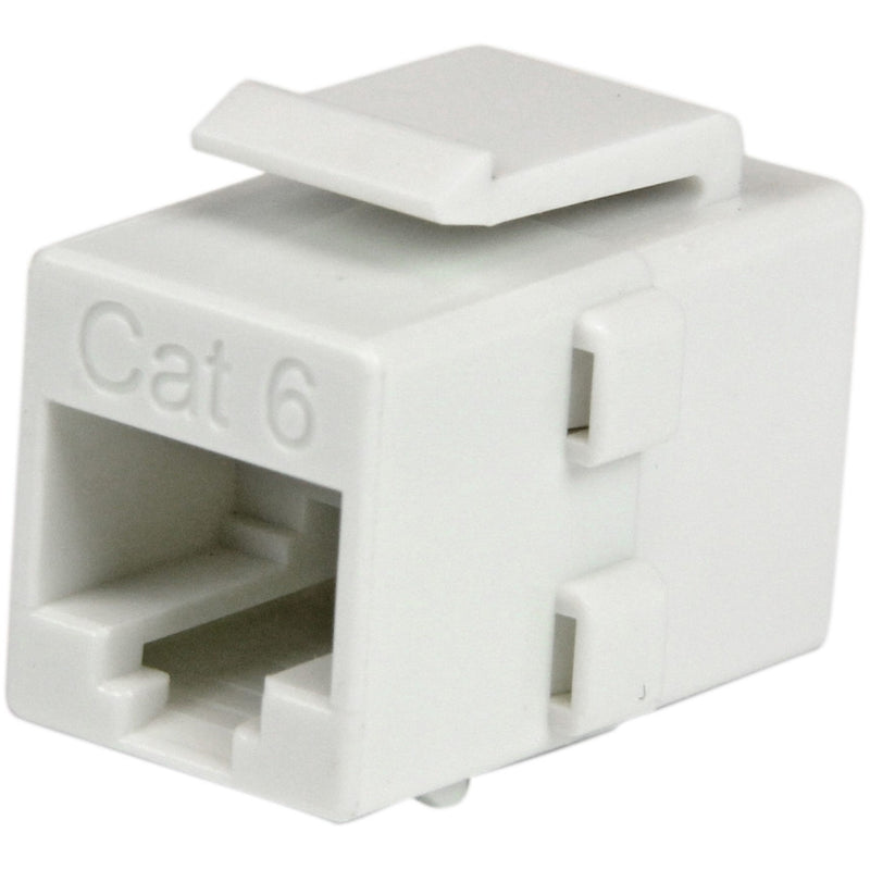 White Cat6 RJ45 keystone coupler showing side profile with female connector port