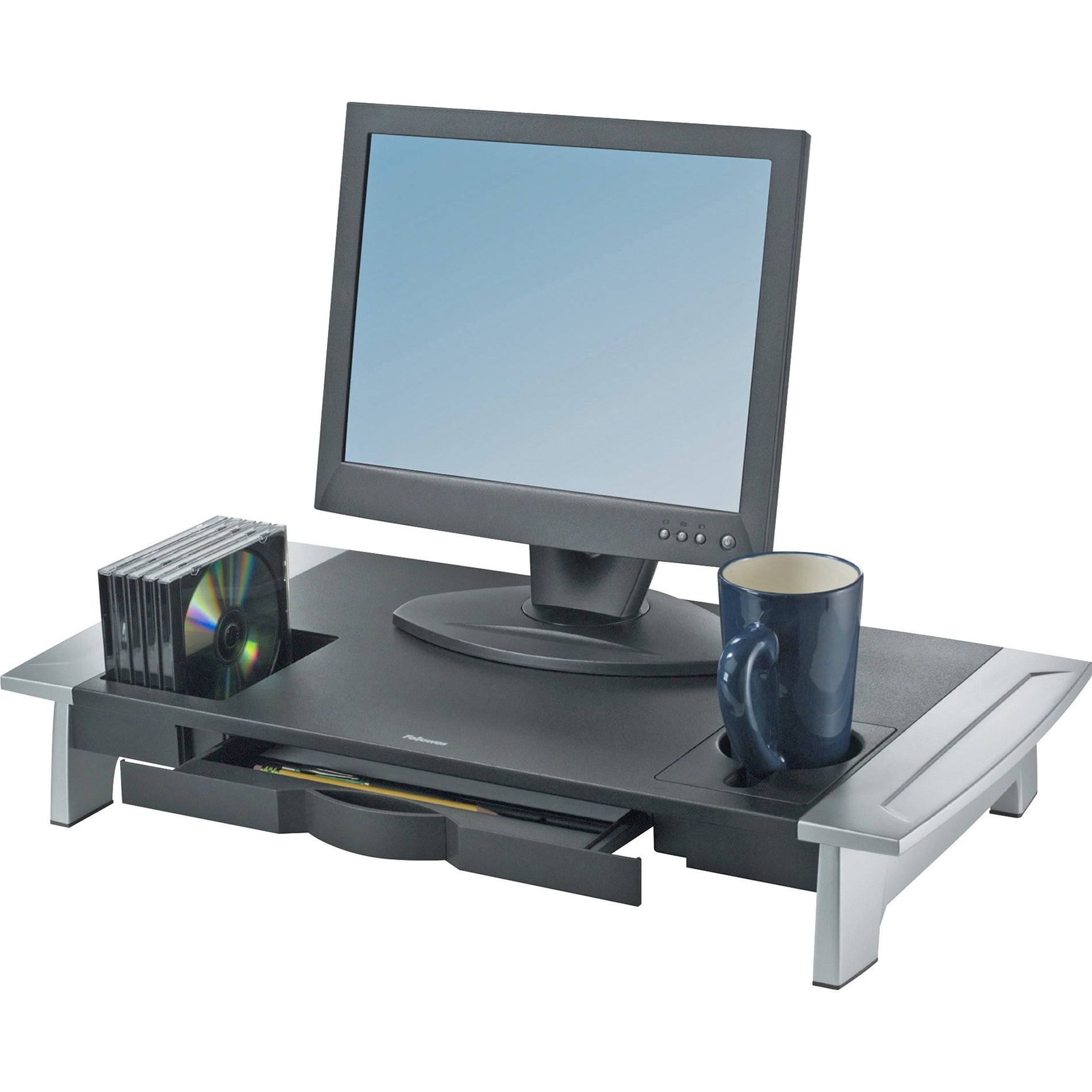 Fellowes 8031001 Büro-Suiten Premium Monitor Riser Verstellbare Höhe Becherhalter Medienaufbewahrung