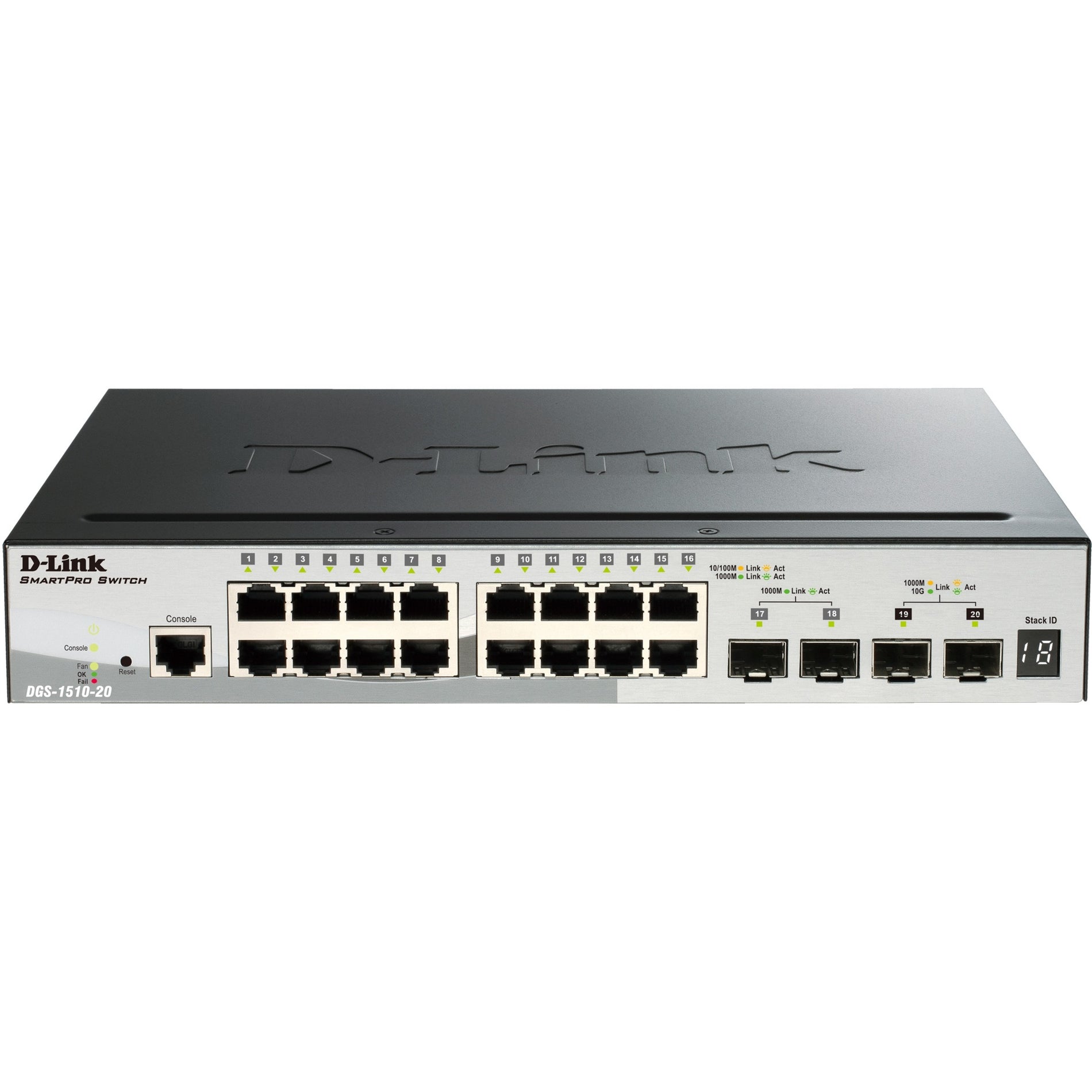 Front view of D-Link DGS-1510-20 SmartPro switch showing 20 Gigabit ports, LED indicators, and console port-alternate-image1