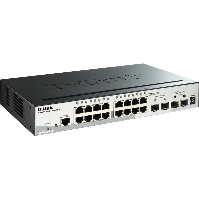 Angular view of D-Link DGS-1510-20 switch emphasizing compact design and port arrangement