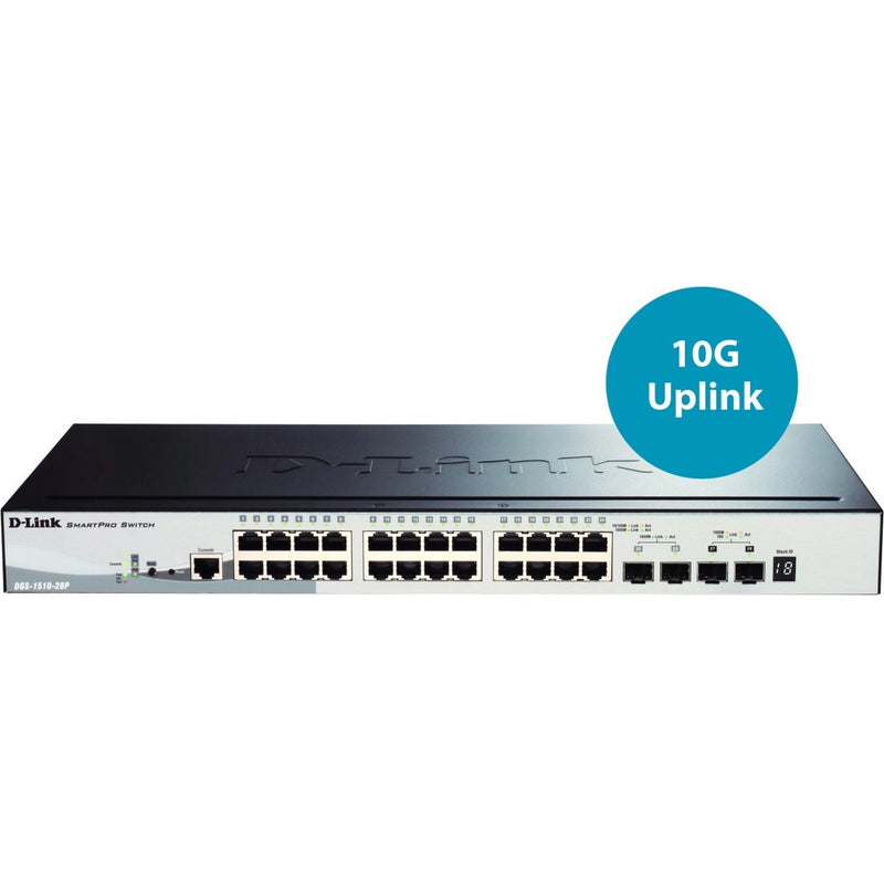 Front view of D-Link DGS-1510-28P SmartPro switch showing 28 Gigabit ports, LED indicators, and 10G uplink ports