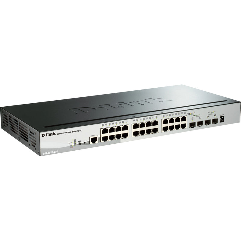 Angled view of D-Link DGS-1510-28P switch showing rack-mountable design and port configuration