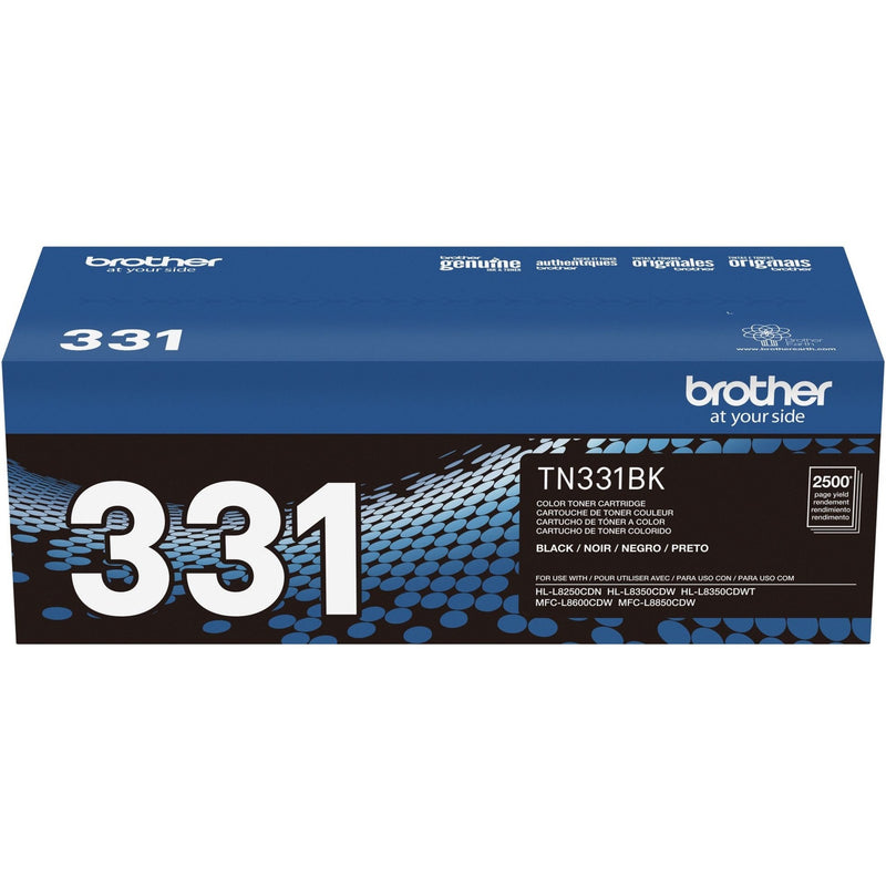 Detailed view of Brother TN331BK toner cartridge packaging showing specifications