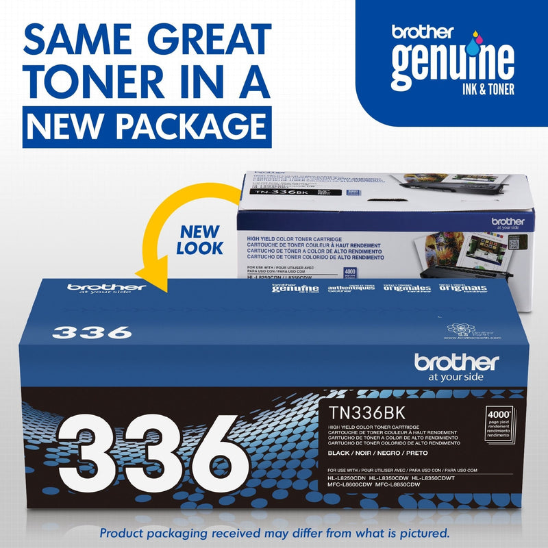 New packaging design of Brother TN336BK toner cartridge showing product evolution