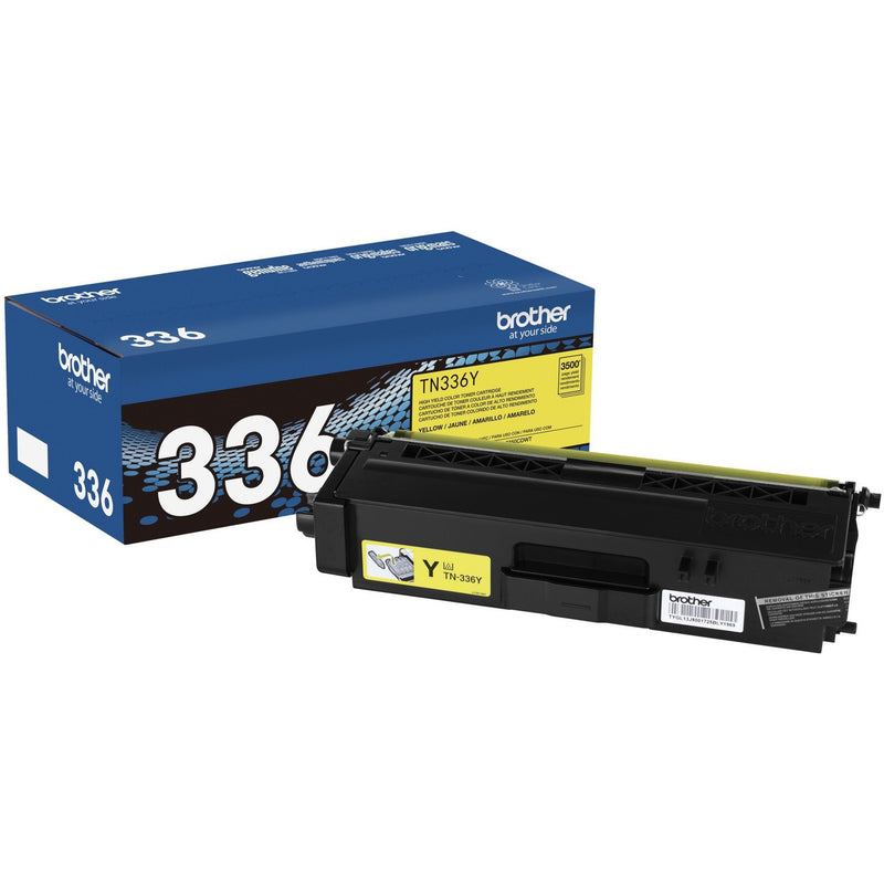 Brother TN336Y yellow toner cartridge and retail packaging showing product details