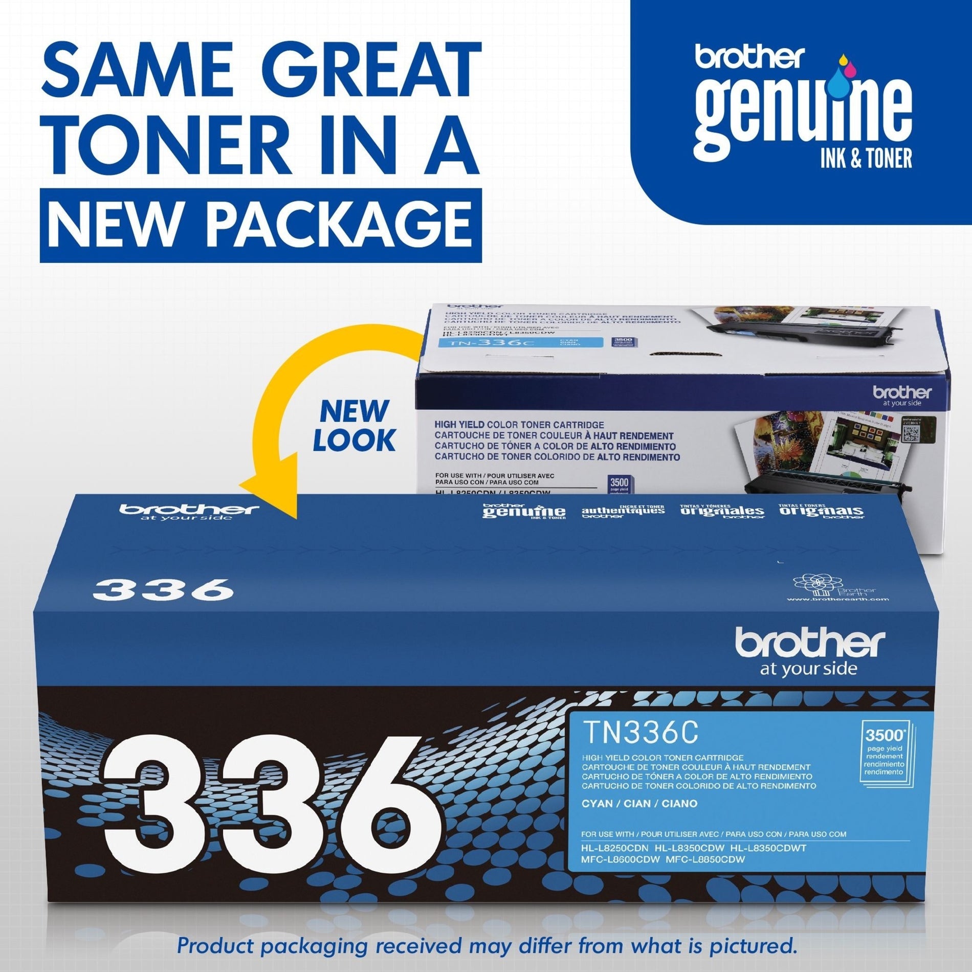 Comparison of Brother TN336C toner cartridge old and new packaging designs-alternate-image3