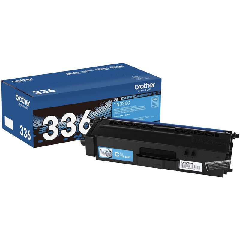 Brother TN336C high-yield cyan toner cartridge with packaging showing product details and compatibility information