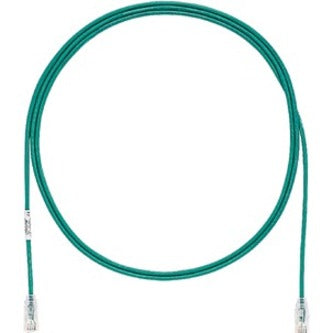 Green Cat.6 UTP network patch cable with clear-booted RJ-45 connectors, coiled view