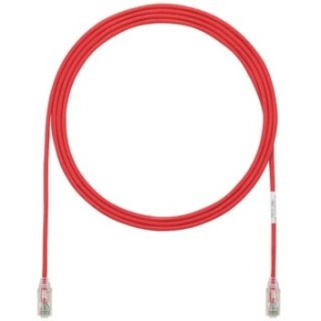 Panduit Cat.6 UTP red network patch cable with clear-booted RJ-45 connectors, coiled in circular position