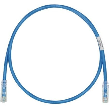 Panduit Cat6 UTP patch cable in blue with clear boots, showing 5-foot length with RJ-45 connectors