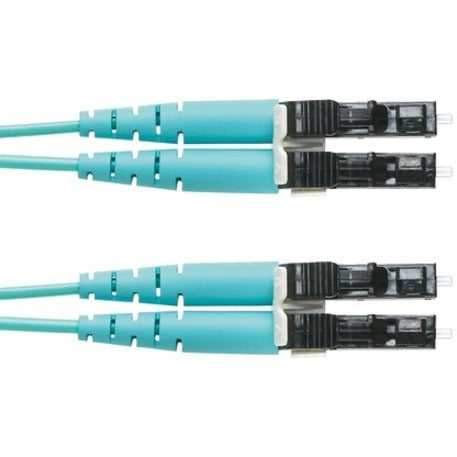 Panduit OM3 multi-mode fiber optic patch cable with aqua jacket and LC duplex connectors on both ends