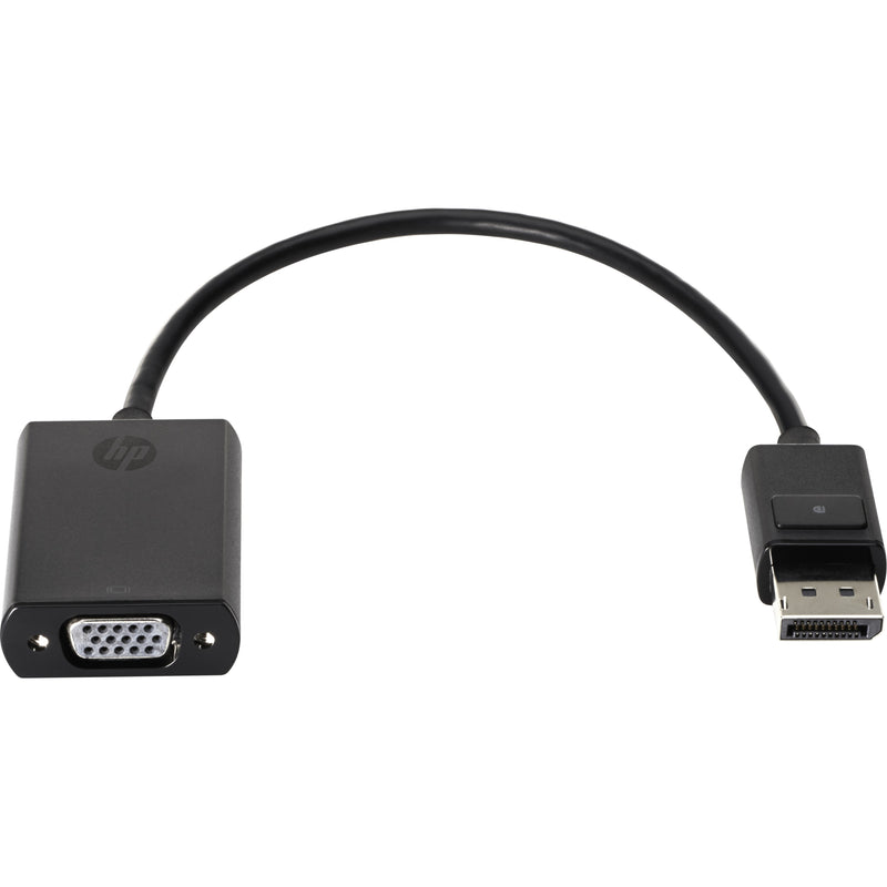 HP DisplayPort to VGA adapter showing black curved cable with DisplayPort male connector and VGA female port