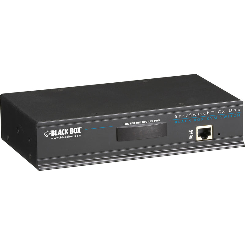 Front view of Black Box ServSwitch CX Uno KVM switch showing status indicators and RJ-45 port