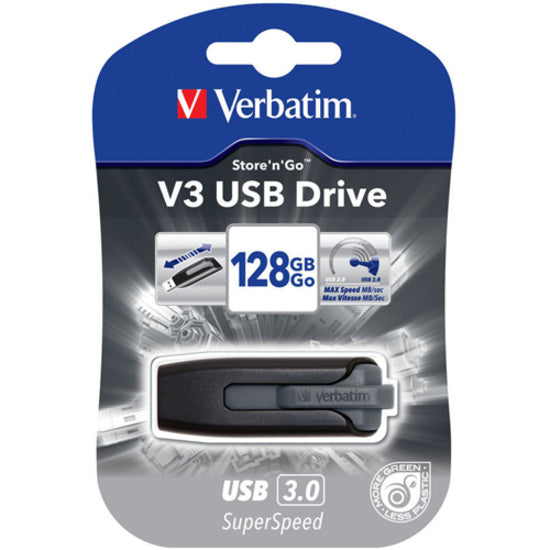 Retail packaging of Verbatim Store 'n' Go V3 USB drive showing features and specifications