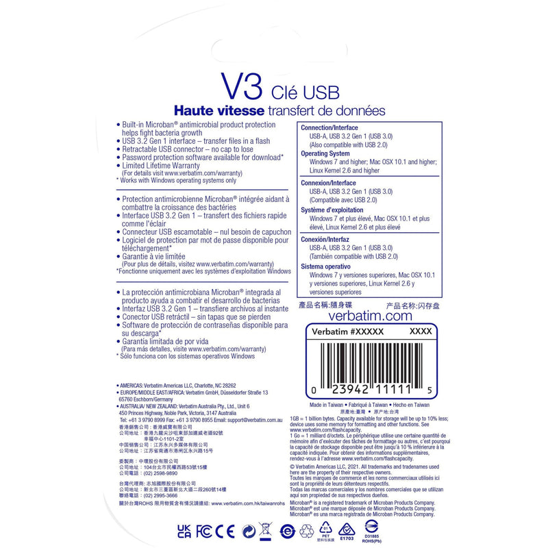 Back of packaging showing multilingual product information and certifications