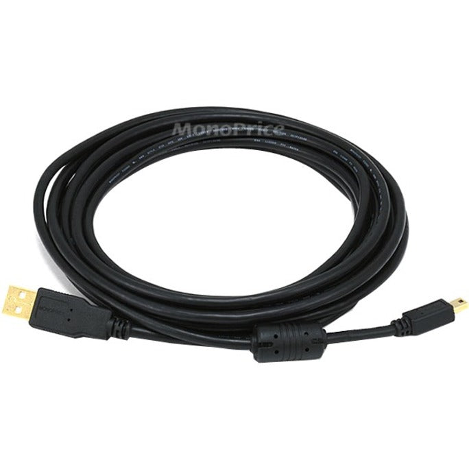 15-foot black USB cable with gold-plated Type-A to Mini-B connectors and visible ferrite bead core