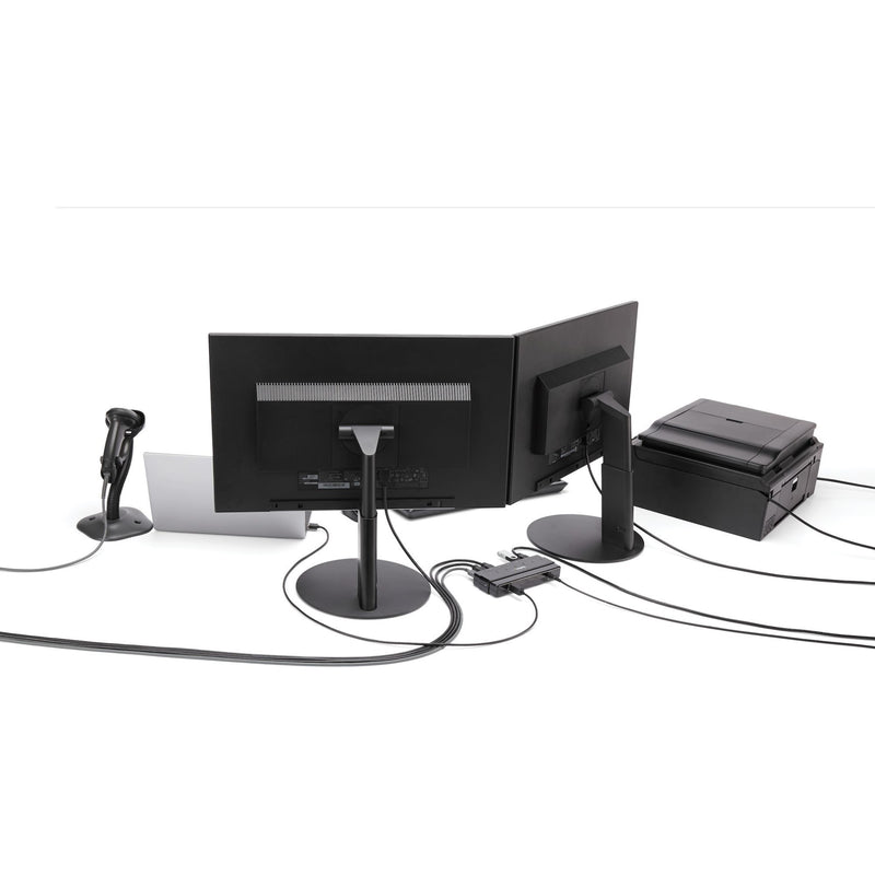 Rear view of workstation setup showing cable management with USB hub