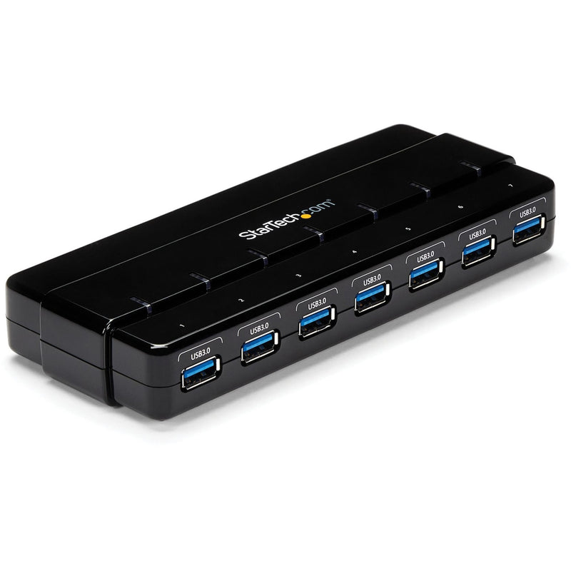 StarTech 7-port USB 3.0 hub showing angled front view with blue USB ports