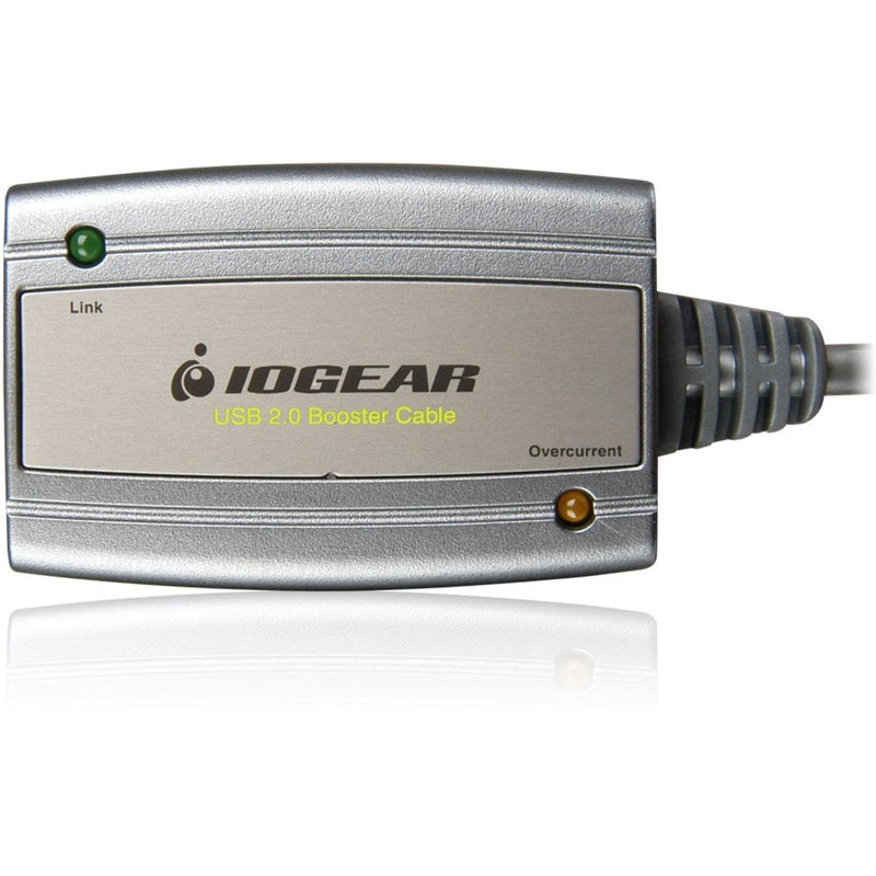 IOGEAR USB 2.0 Booster Cable amplifier unit showing silver housing with status LEDs and branding