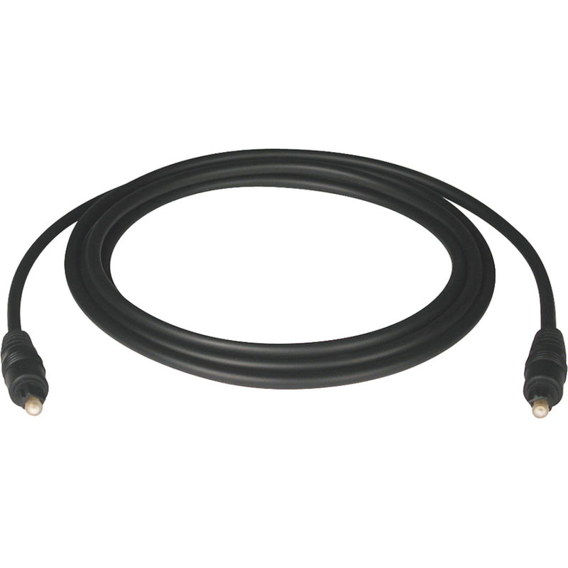 Tripp Lite 6ft black Toslink digital optical audio cable with gold-tipped connectors shown in curved position