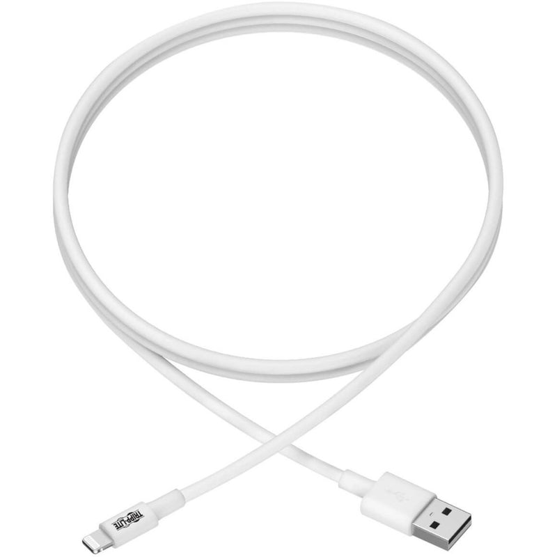 Full length view of white Tripp Lite Lightning cable in curved position