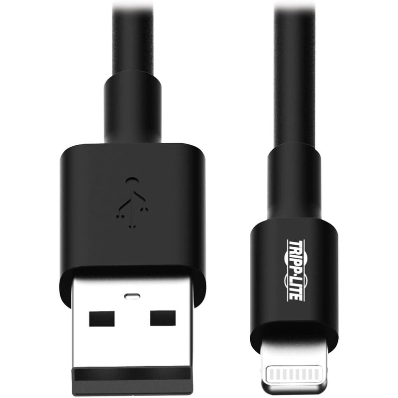 Close-up view of USB Type-A and Lightning connectors on Tripp Lite black charging cable