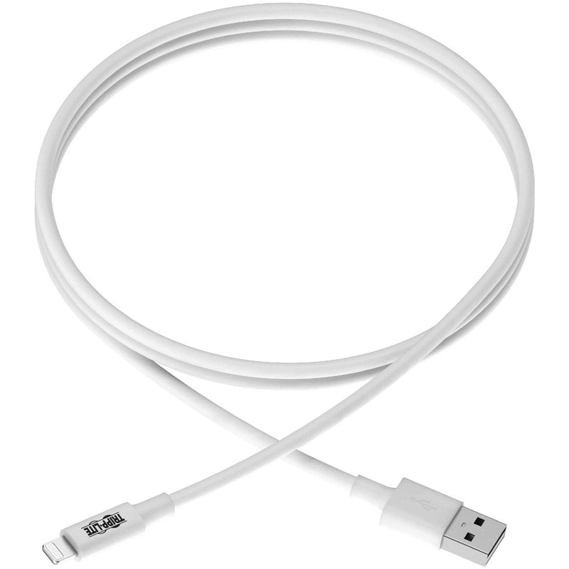 Full length view of 6-foot white Tripp Lite Lightning cable showing cable flexibility